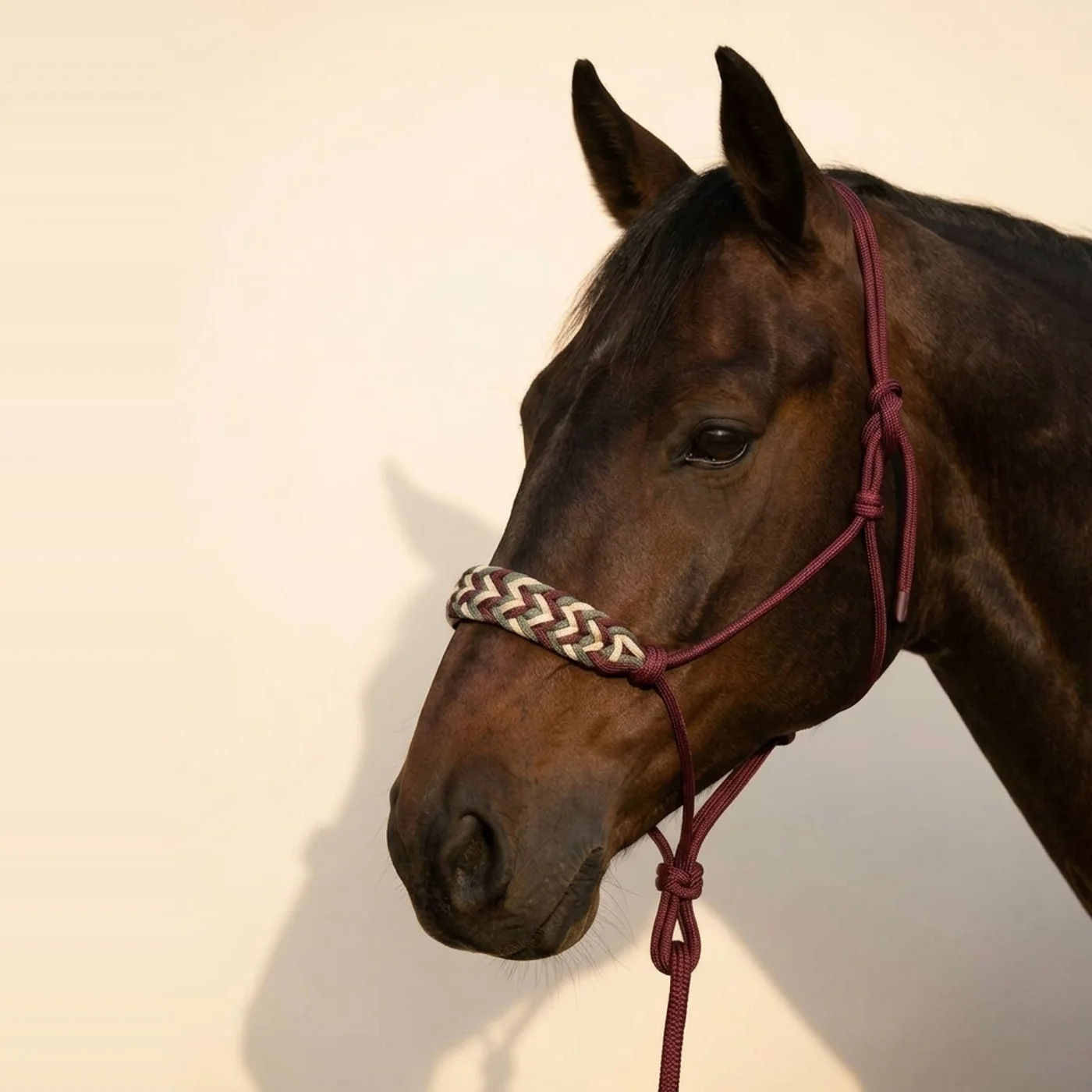 Un licol en corde bordeaux au tressage Amérindien ivoire, porté par un cheval bai